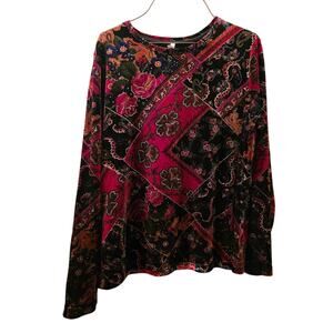 Vtg Floral Velvet Patchwork Womens Long Sleeve Shirt Dark Romantic Witchy Gothic
